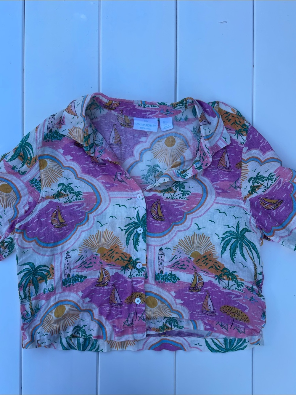 Cynthia Rowley 100% Linen Vacation Crop Button Up, Size L